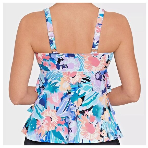 Swim Solutions Triple Tier Colorful Floral Printed Tankini Swim Top, US 8 NWT - Picture 6 of 9